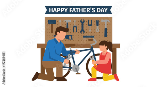 Happy Father Day illustration of dad and daughter fixing bike