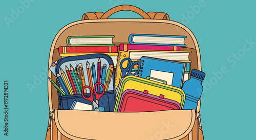 Backpack full of school supplies.