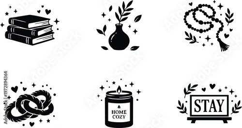 Black and white cozy home icons with books candle rosary and pretzel flat design