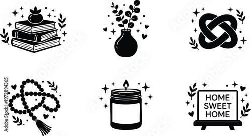 Black and white icons of stacked books vase candle and home sweet home sign with leaves and hearts