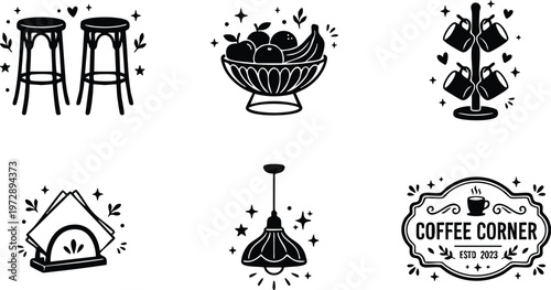 Black and white coffee corner vintage badge and kitchen utensil icons