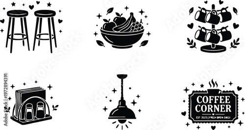 Black and white coffee corner sign with hanging light and mugs vector art