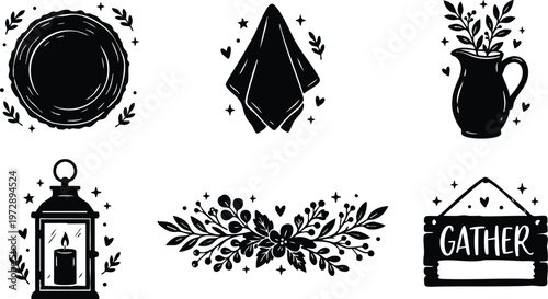 Black and white rustic floral wreath tablecloth lantern and gather sign vector art