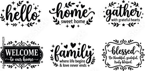 Black script lettering family home welcome gather blessed quotes with decorative stars and leaves vector art