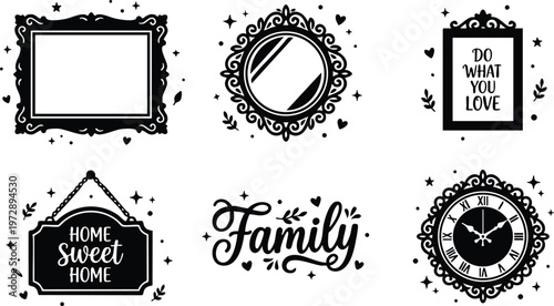 Black and white vintage frame mirror clock and home sweet home signage vector art
