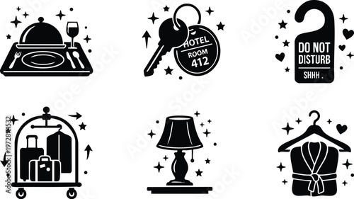Black and white hotel service icons including food tray key do not disturb luggage cart lamp and bathrobe