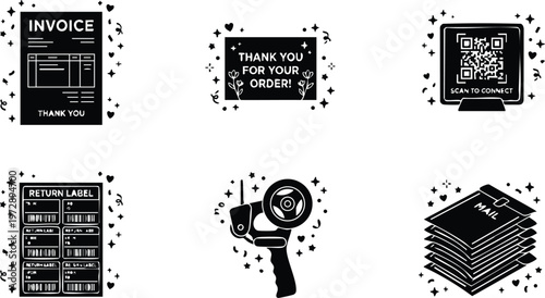 Black and white invoice thank you label return label tape dispenser and mail stack vector art