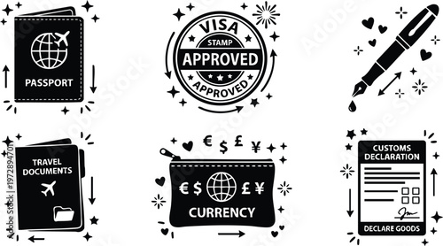 Black and white icons passport visa currency and customs declaration vector art