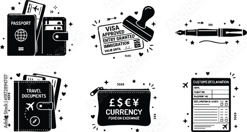 Black and white vector travel documents passport visa currency customs declaration set