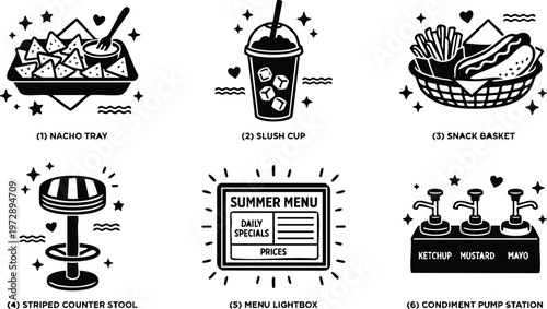 Black and white nacho tray slush cup snack basket and condiment pump station line art