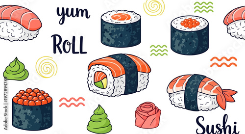 Hand Drawn Sushi and Rolls Vector Set with Salmon Nigiri, Maki, Shrimp, Wasabi, and Ginger Illustration