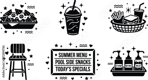 Black and white summer menu pool side snacks todays specials with food and drink vector art