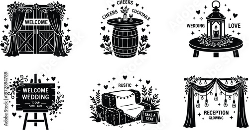 Black and white rustic wedding decoration elements with welcome sign lantern and cocktail barrel