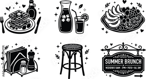 Black and white summer brunch sign with waffle plate juice and fruit platter vector art