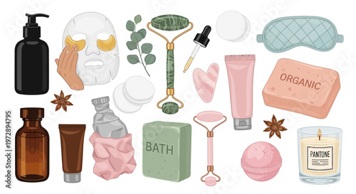 Skin Care and Beauty Spa Product Set - Organic Cosmetics, Jade Roller, Gua Sha, Serum, Bath Bomb, and Face Mask Vector Illustrations Isolated on White