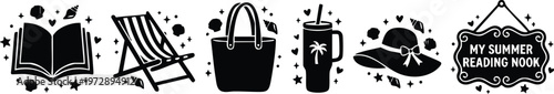 Black and white summer reading nook icons with book chair bag drink hat and sign