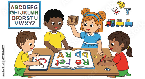 Children learning alphabet at table.