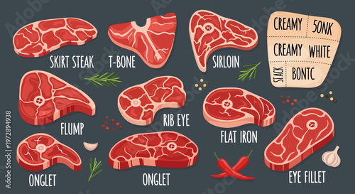 Vector Illustration of Various Beef Steak Cuts with Herbs and Spices - Ribeye, T-Bone, Sirloin, and Eye Fillet for Butchery and Cooking Guide