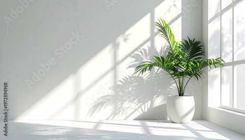 窓越しに差し込む格子状の光と植物の影 白い壁に落ちる木漏れ日