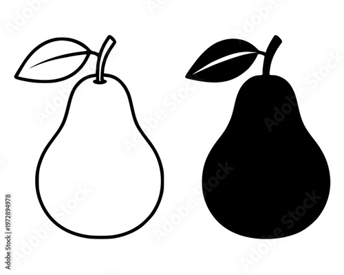 Pear fruit minimalist icon, in outline and silhouette design, isolated on transparent background