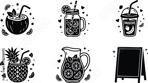 Black and white tropical fruit drinks and smoothie vector art set with blank menu board