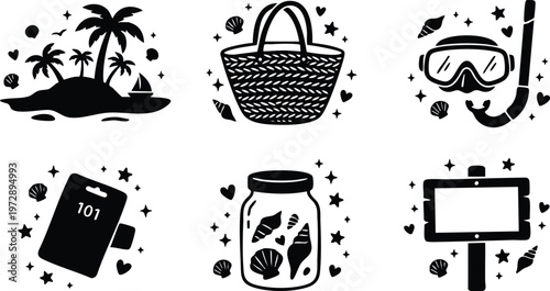 Black and white island palm trees beach basket snorkel mask travel icons