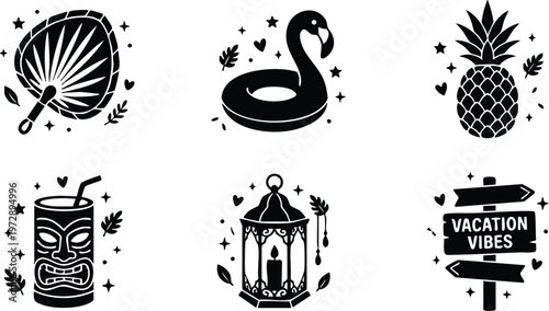 Black silhouette summer travel icons with tropical motifs and vacation vibes text