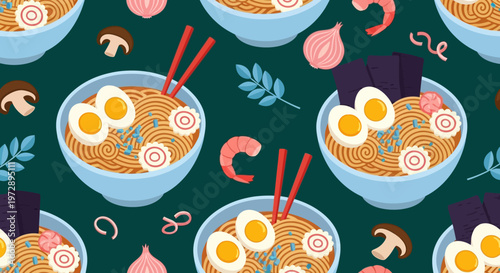 Japanese Ramen Noodle Bowl Seamless Pattern Illustration with Eggs, Shrimp, and Narutomaki