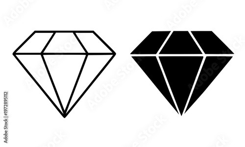 Minimalist diamond icon, in outline and silhouette design, isolated on transparent background