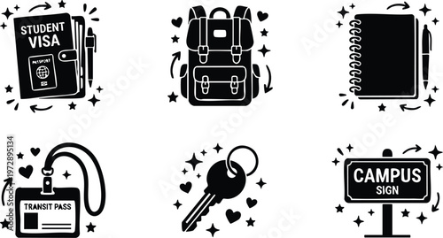 Black and white student visa passport transit pass campus sign and study kit vector art
