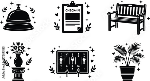 Black and white flat design hotel reception bell check in clipboard and key rack icons