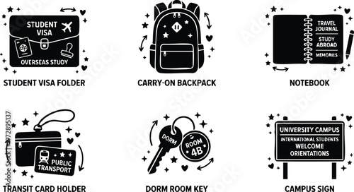 Black and white student visa folder backpack notebook dorm key and campus sign icons
