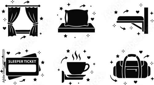 Black and white flat travel icons set with pillow curtain sleeper ticket tea and bag