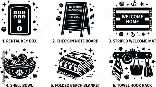 Black and white rental key box checkin note board striped welcome mat shell bowl folded beach blanket and towel hook rack icons