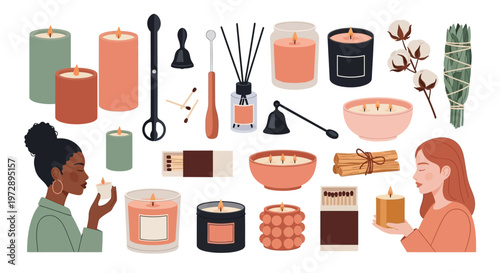 Aromatherapy and Candle Care Set with Scented Candles, Sage, Reed Diffuser, and Accessories for Wellness and Home Spa Illustration