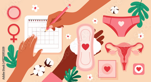 Menstrual Cycle Tracking and Feminine Hygiene Concept Illustration with Period Calendar, Sanitary Pad, and Uterus Icon. Flat Vector Design for Women's Health Awareness.