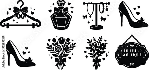 Black and white silhouette set of perfume shoes flowers and boutique sign vector art