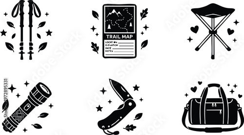 Black hiking gear icons with stars and leaves vector art