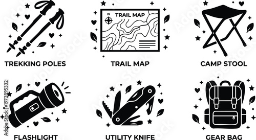 Black and white flat design trekking poles trail map camp stool flashlight utility knife gear bag