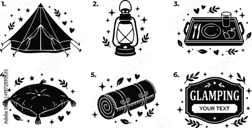 Black and white camping essentials tent lantern food tray pillow rolled blanket and glamping badge vector art