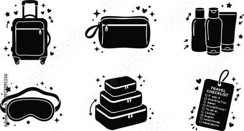 Black silhouette travel suitcase sleep mask cosmetic bag checklist icons set