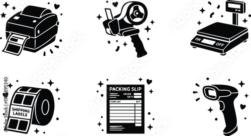 Black and white shipping label printer tape scanner scale and packing slip vector art