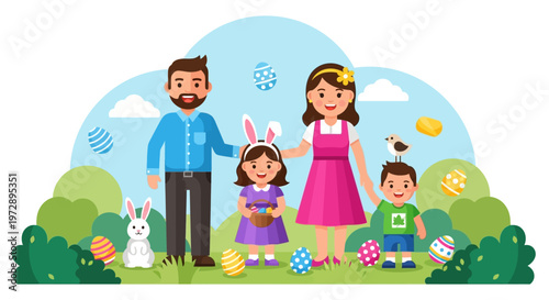 Happy Family with Children Celebrating Easter Egg Hunt in a Park, Flat Vector Illustration