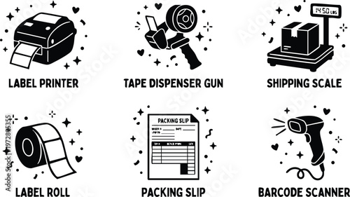 Black and white shipping equipment with label printer tape dispenser gun and barcode scanner vector art