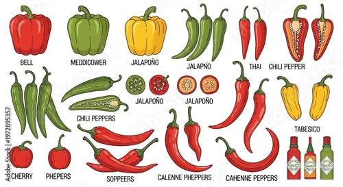 Hand Drawn Illustration of Different Pepper Varieties, Hot Chili Peppers, Bell Peppers, Jalapeños, and Hot Sauce Bottles for Culinary and Spice Concept Design