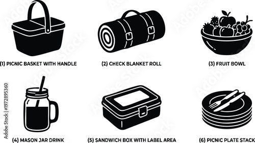 Black and white picnic basket checked blanket fruit bowl mason jar sandwich box and plate stack vector art