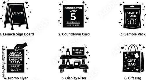Black and white launch sign board countdown card sample pack promo flyer display riser and gift bag icons