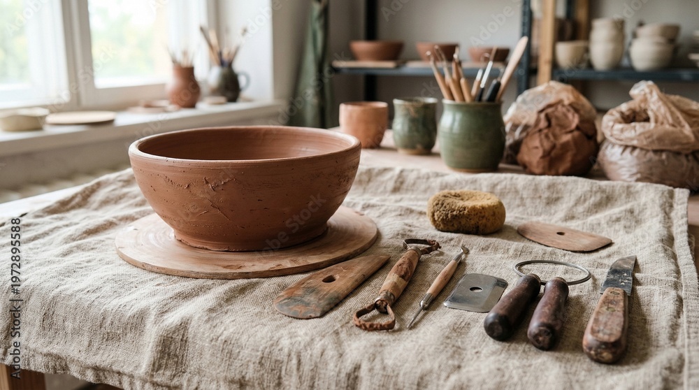 Fototapeta premium A rustic pottery workshop scene with a large clay bowl and various sculpting tools on a linen-covered table.
