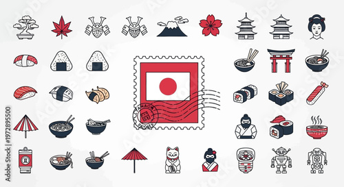 Japan Cultural Icons and Traditional Cuisine Vector Set with National Symbols and Postage Stamp