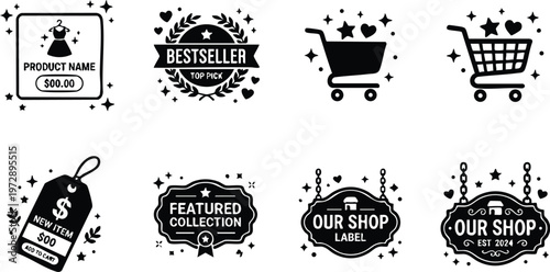 Black and white bestseller and shop label icons with price tags and shopping carts